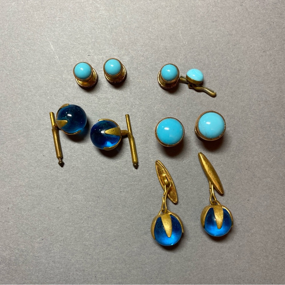 Antique vintage blue glass cufflink collar tab lot